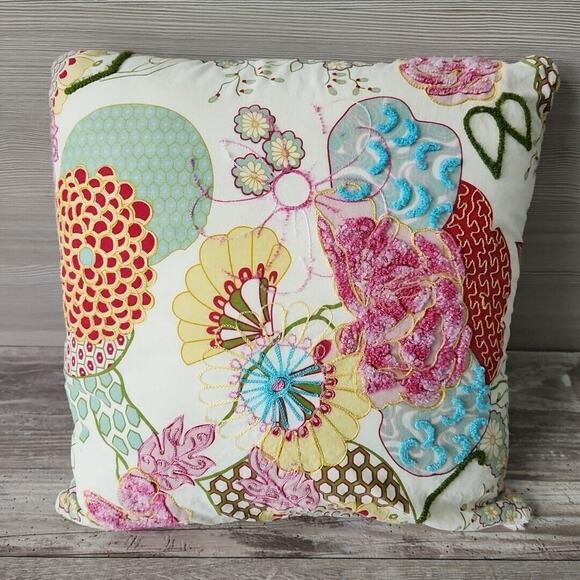 Pier 1 Imports Multicolored Floral Pastel Embroidered Pillow Pink Stripe Back - Picture 3 of 13